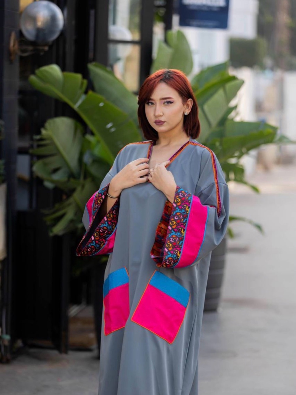 Gray Kaftan Dress with Pink & Blue Accent - Picture 5 of 8